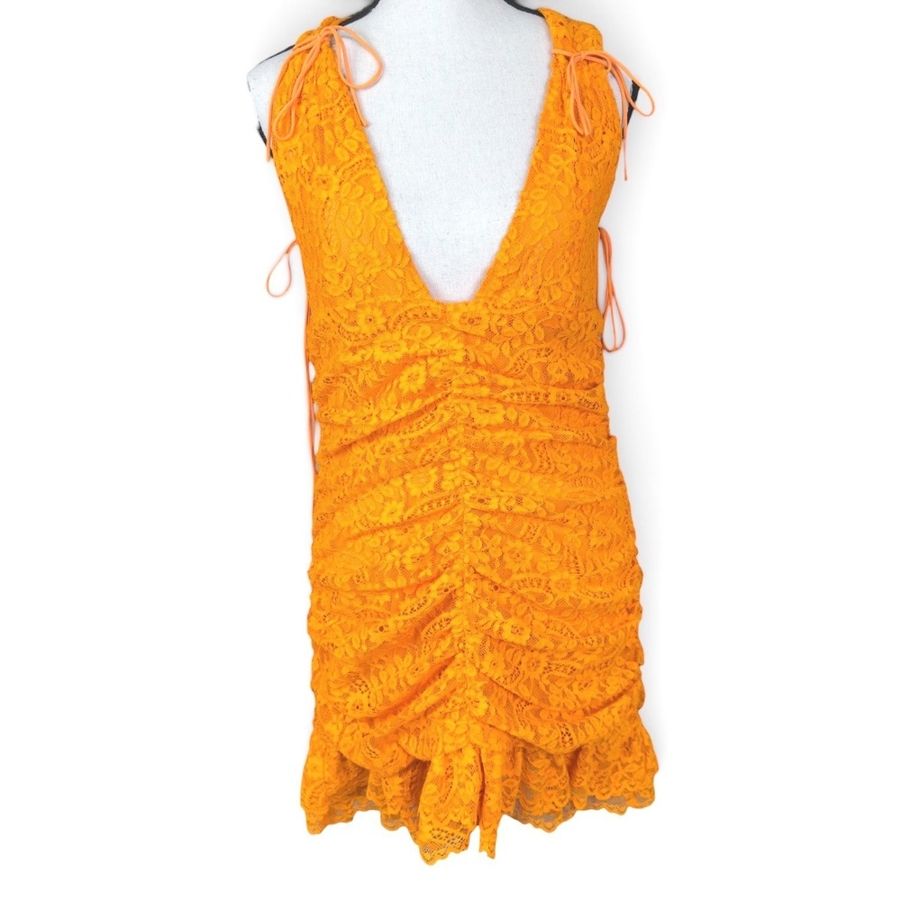 For Love & Lemons Jamie Lace Mini Dress Large‎ Orange Ruched V-Neck Strappy